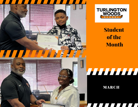  Mr. Bynum shaking hands with the student of the month recipients